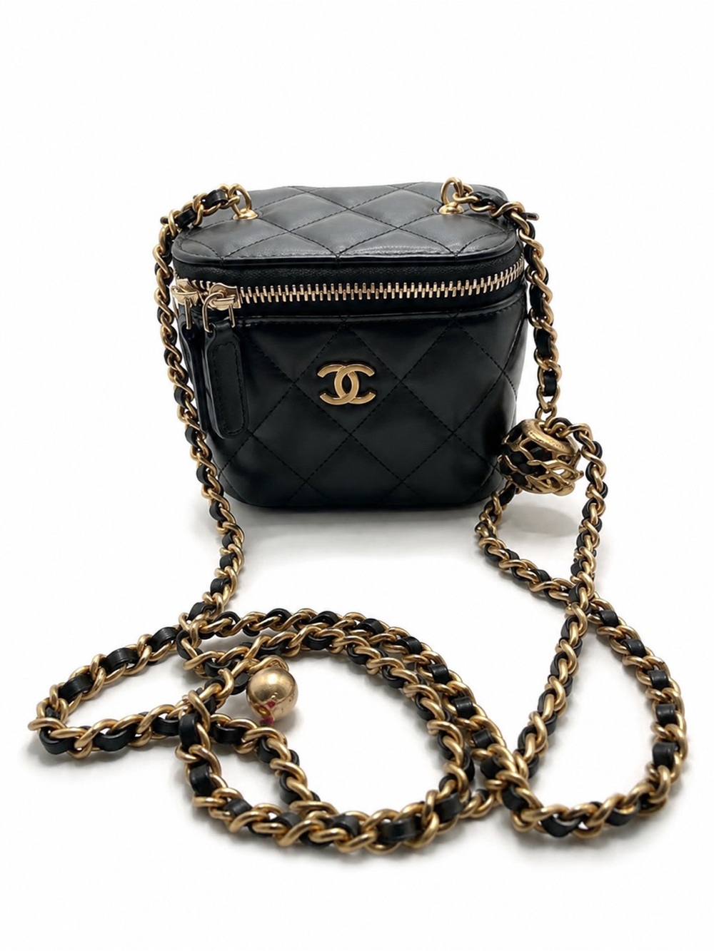 Authentic CHANEL Pearl Crush Mini Vanity Case Black Lambskin Gold Chain
